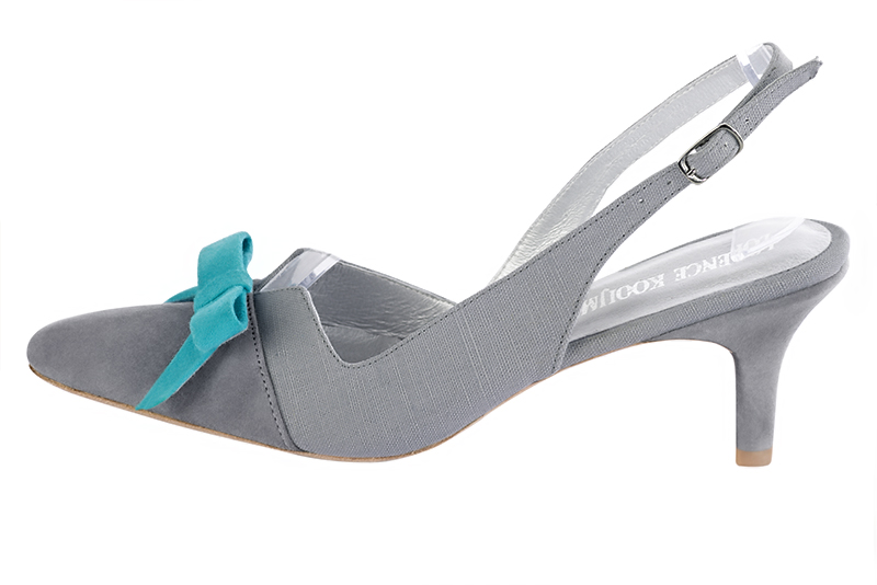 Mouse grey women's open back shoes, with a knot. Tapered toe. Medium slim heel. Profile view - Florence KOOIJMAN